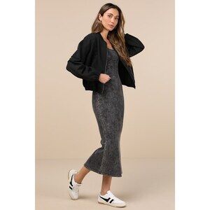 Lulus Elevated Coolness Washed Black Long Sleeve Bodycon Midi Dress - Size M